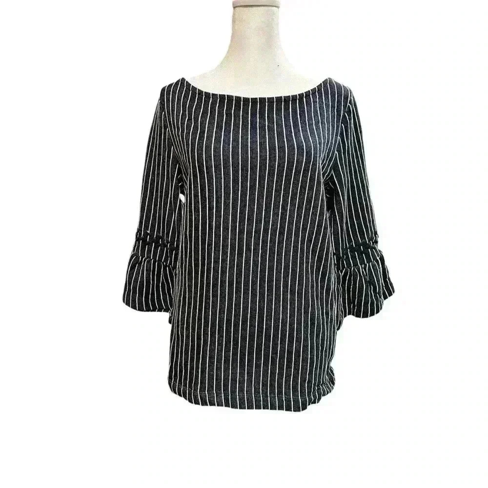 Banana Republic Navy Blue Size Med Striped Knit‎ Top Jeweled Bell Sleeves Blouse